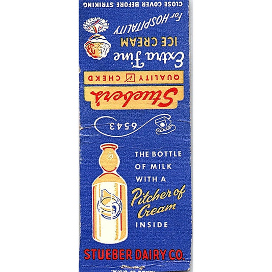 Stueber Dairy Co Cream, Extra Fine Ice Cream Vintage Matchbook Cover SC7-Y4