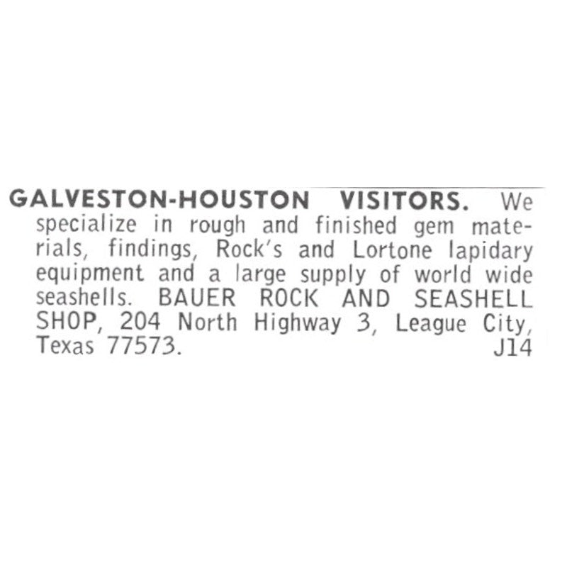 Bauer Rock and Seashell Shop League City Texas 1972 Ad AF8-S24