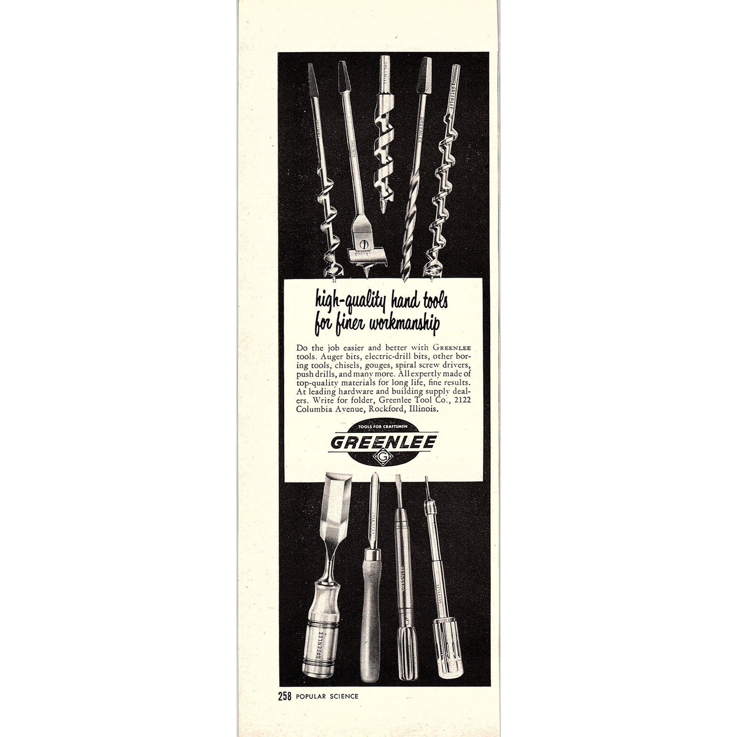 Greenlee Tool Co Hand Tools Rockford IL 1955 Ad AG1-7