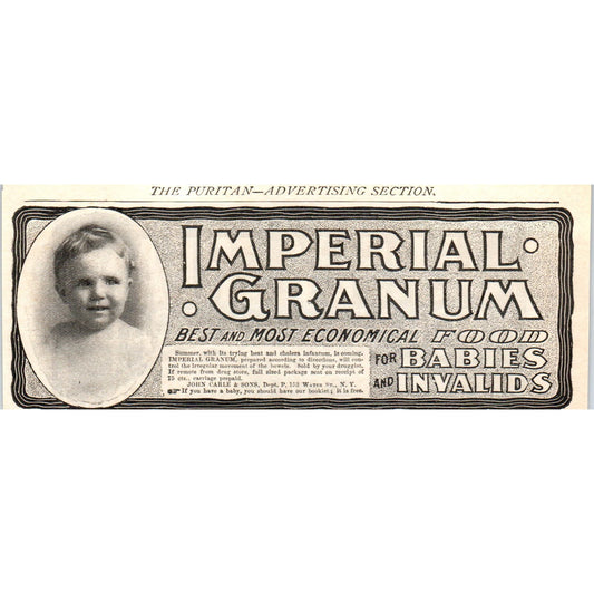 Imperial Granum Baby Food John Carle & Sons c1905 Original Advertisement AE7-A1