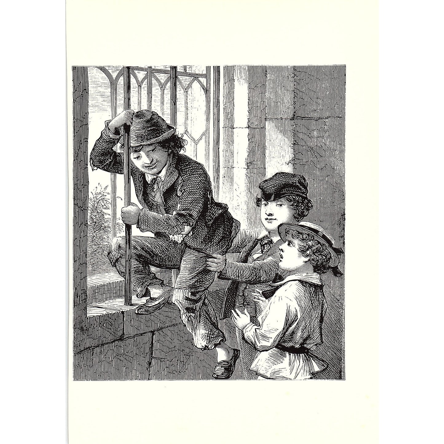 1880s Engraving of 3 Boys Climbing a Windowsill Vintage Art Print 5x8" V17