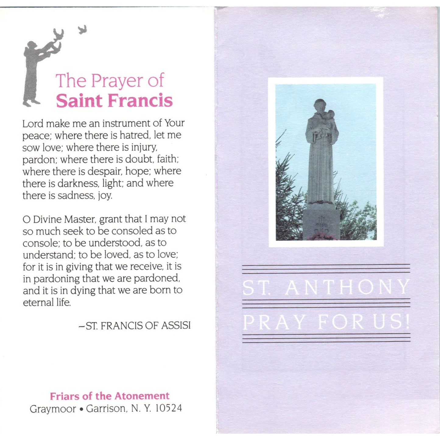 Prayer of St. Francis Friars of the Atonement Vintage Prayer Leaflet TH2-PC2