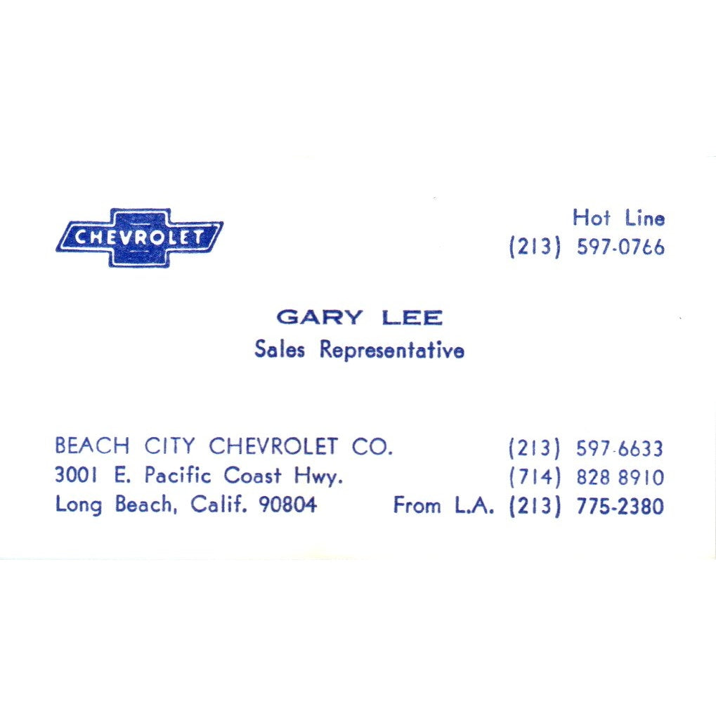 Gary Lee Beach City Chevrolet Long Beach CA Vintage Business Card SE3-B7