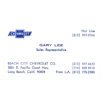 Gary Lee Beach City Chevrolet Long Beach CA Vintage Business Card SE3-B7