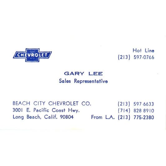 Gary Lee Beach City Chevrolet Long Beach CA Vintage Business Card SE3-B7