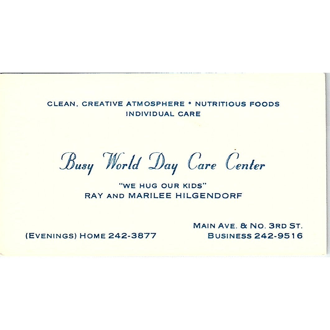 Busy World Day Care Center Ray & Marilee Hilgendorf Vintage Business Card SB4-B2