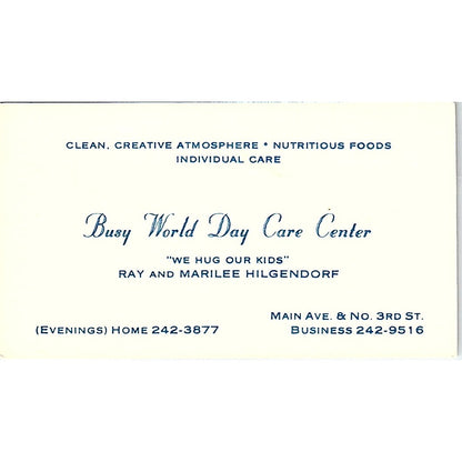 Busy World Day Care Center Ray & Marilee Hilgendorf Vintage Business Card SB4-B2