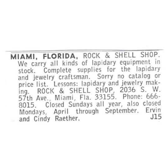 Cindy Raether Rock & Shell Shop Miami Florida 1972 Ad AF8-S13