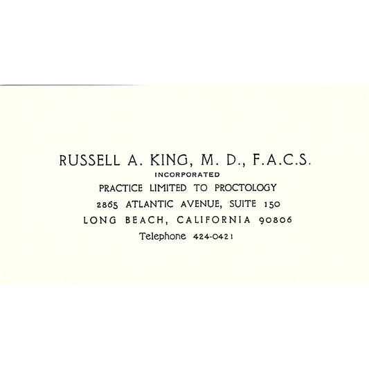 Protology Russell A. King, Long Beach CA Vintage Business Card SF3-B7