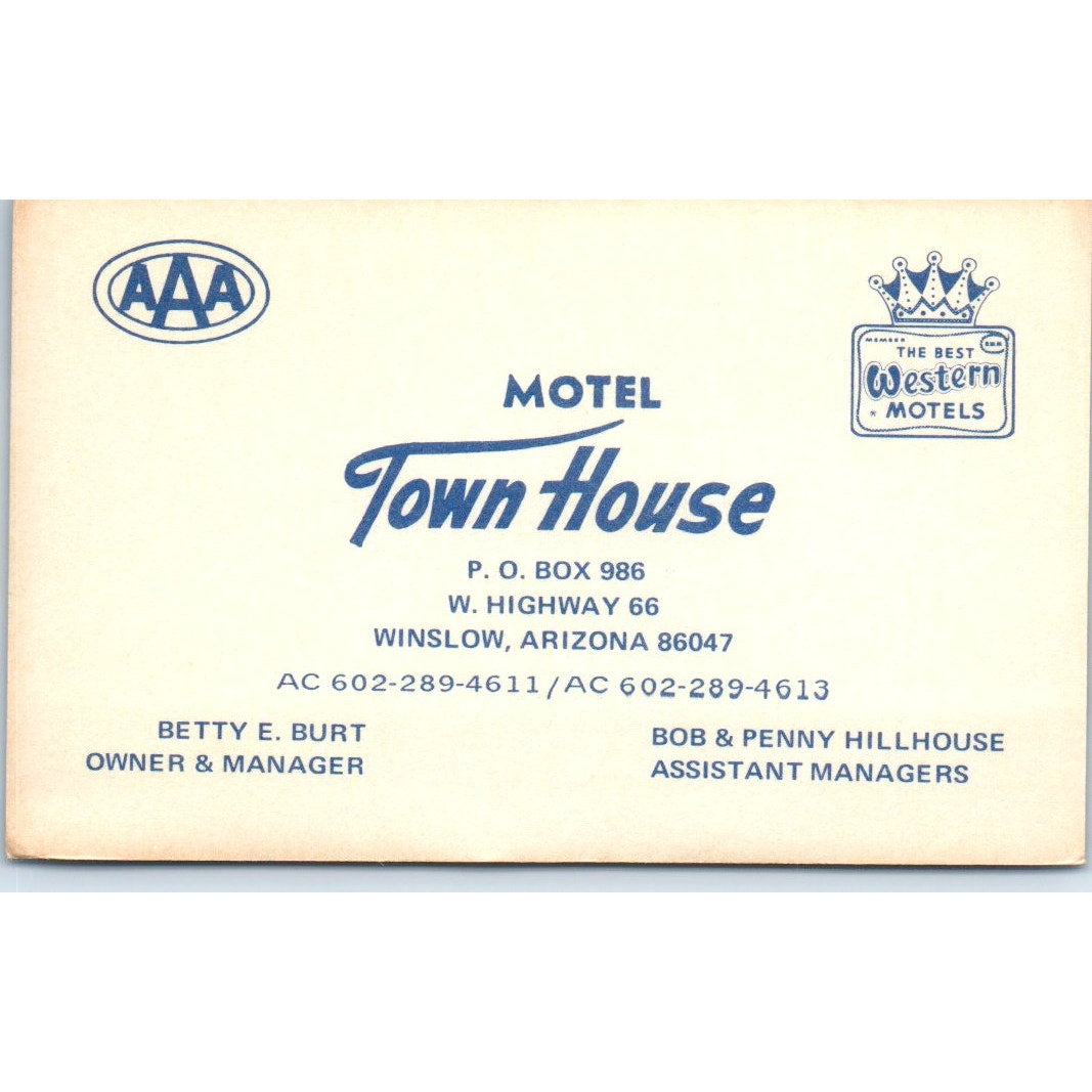 Motel Town House Betty E Burt Bob Hillhouse Winslow AZ Vtg Business Card SE3-B1