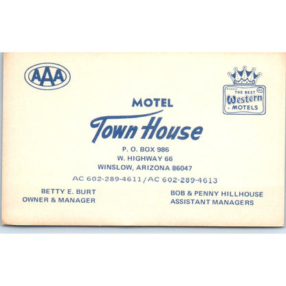 Motel Town House Betty E Burt Bob Hillhouse Winslow AZ Vtg Business Card SE3-B1