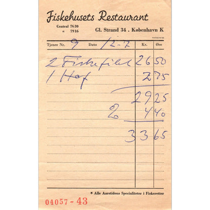 1960s Fiskenhusets Restaurant Kobenhavn Denmark Letterhead Receipt AF7-E10