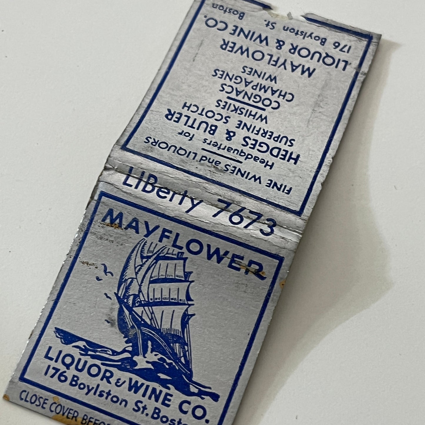 Mayflower Liquor & Wine Co 176 Boylston St Boston Matchbook Cover TB6-MB1-13
