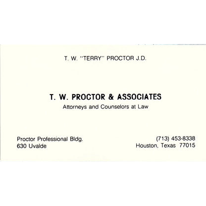 T.W. Proctor & Associates Attorneys Houston TX Vintage Business Card SE3-B12