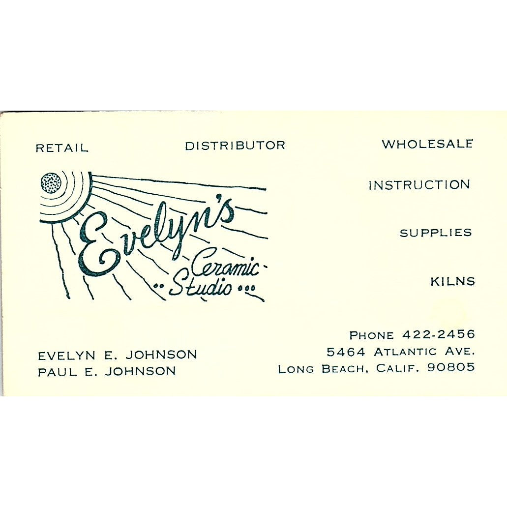 Evelyn's Ceramic Studio Evelyn & Paul E Johnson Long Beach Business Card SD9-B4