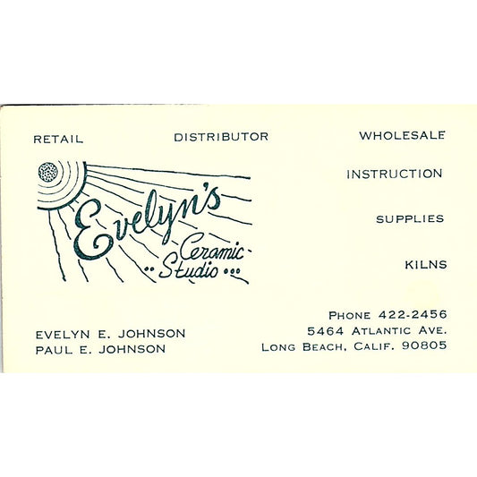 Evelyn's Ceramic Studio Evelyn & Paul E Johnson Long Beach Business Card SD9-B4