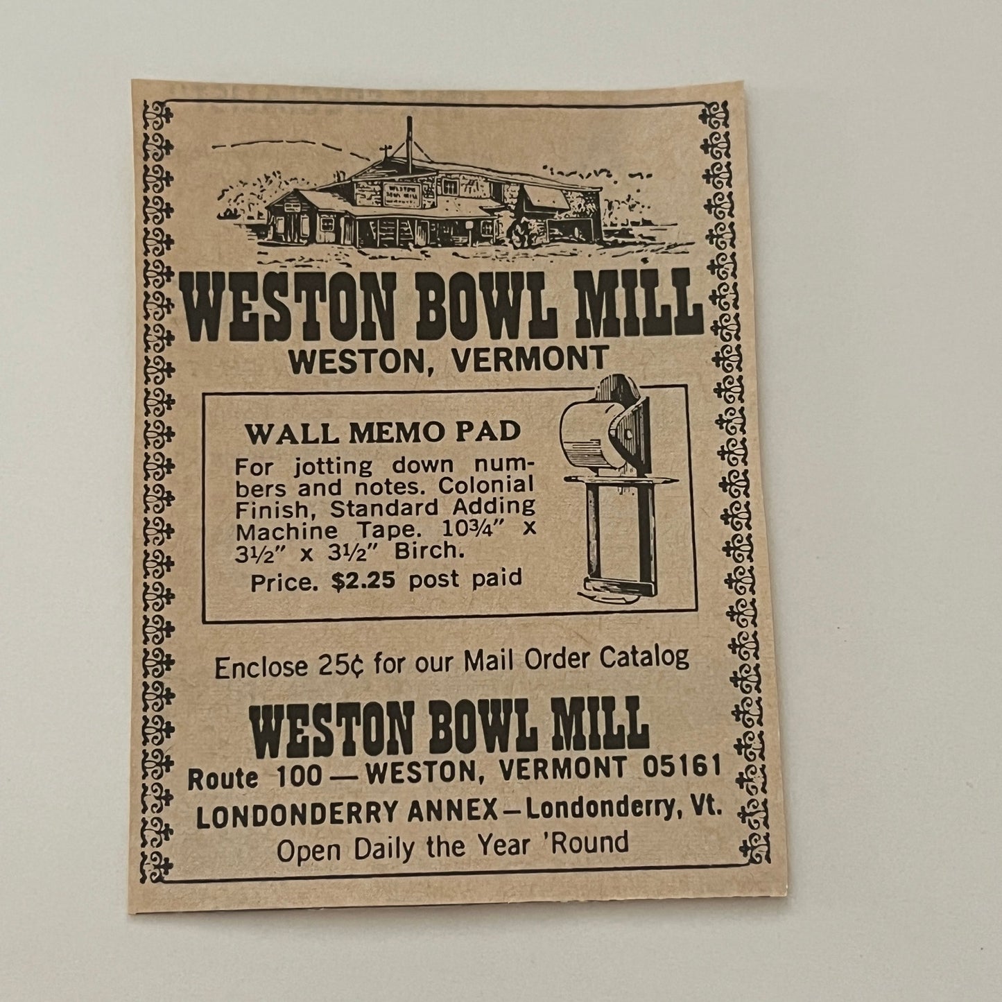 Weston Bowl Mill Londonberry Anex Wall Memo Weston VT 1971 Magazine Ad SAG4-S15