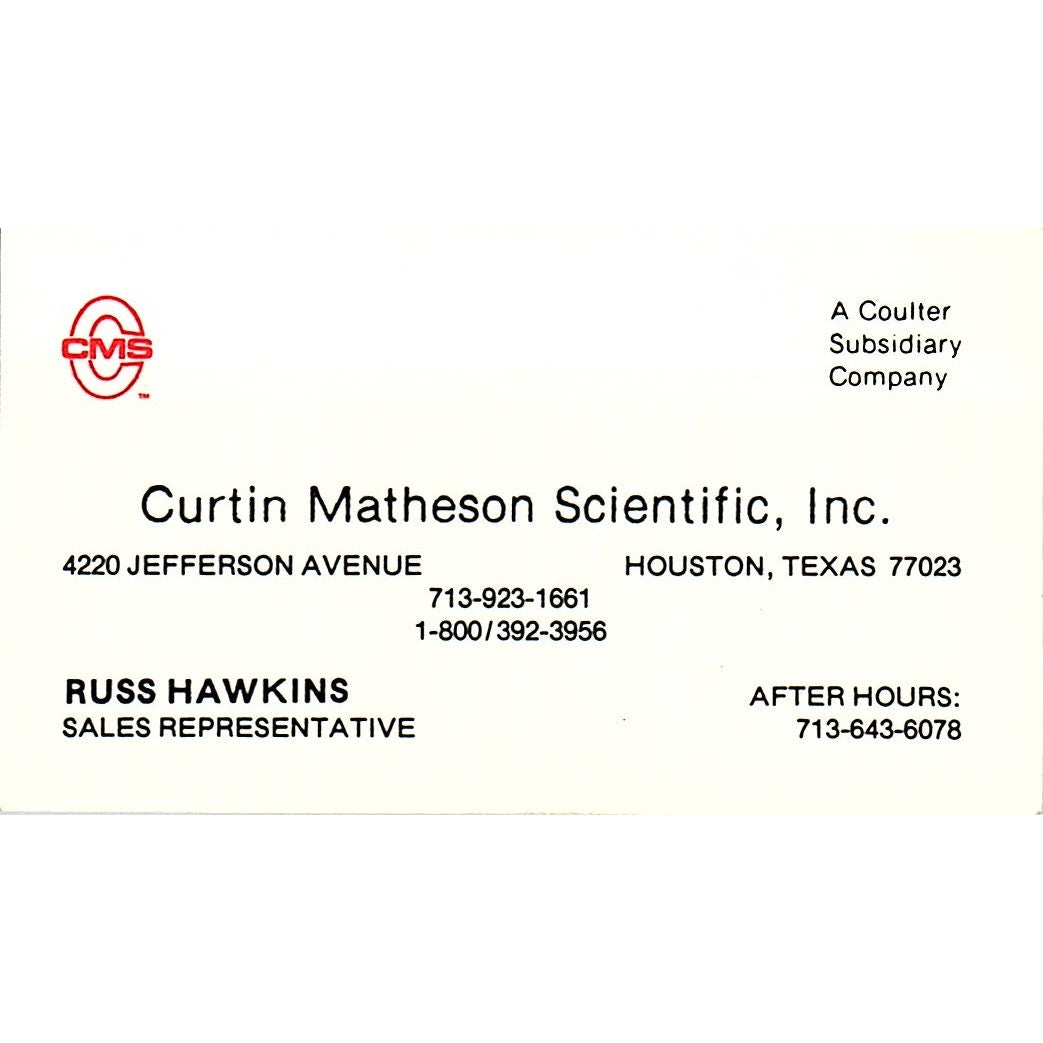 Curtin Matheson Scientific Inc Russ Hawkins Houston Texas Business Card SB4-B9