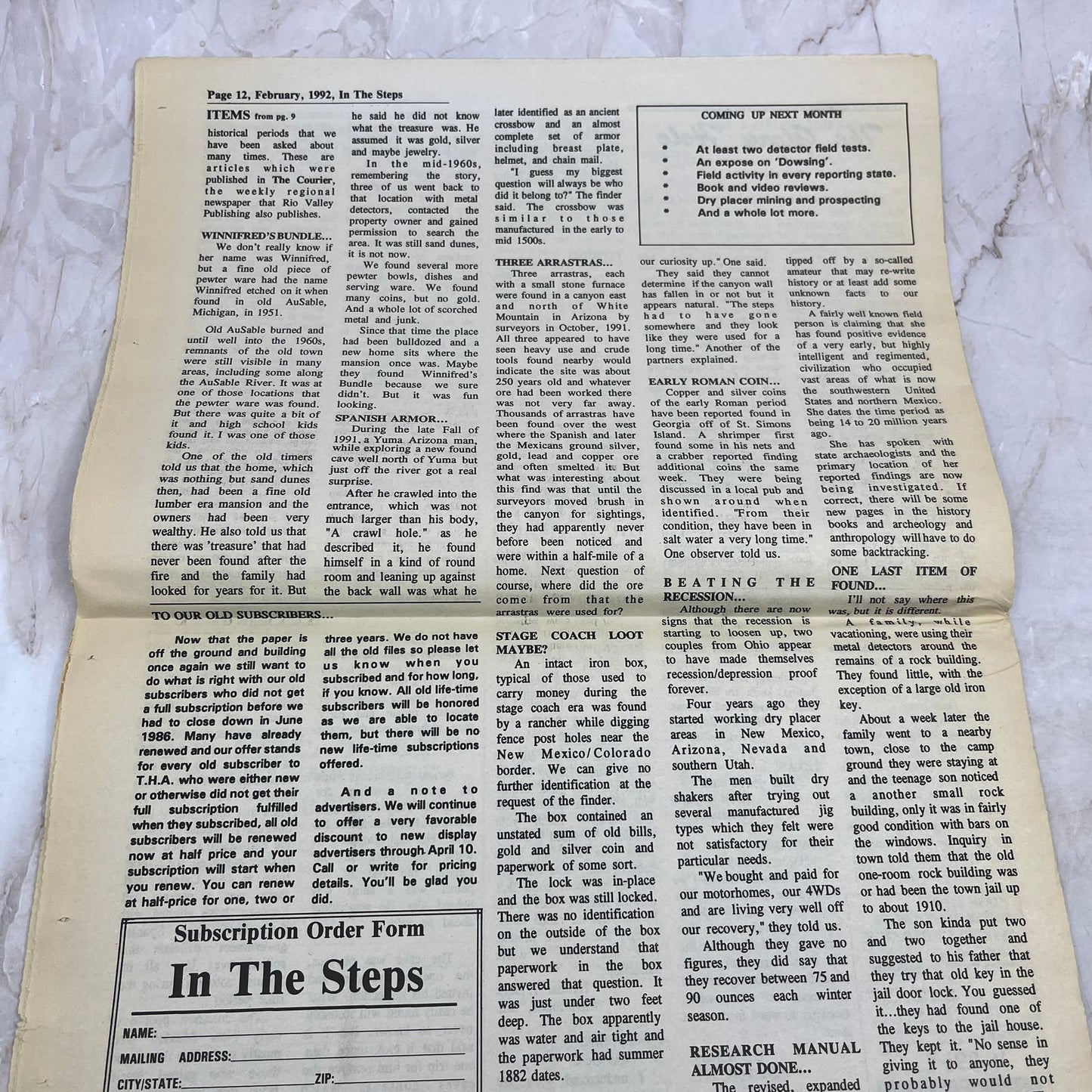 1992 Feb - In the Steps of the Treasure Hunter Newspaper - Hatch NM M20