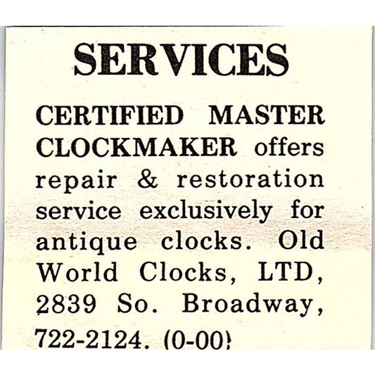 World Clocks Ltd Certified Master Clockmaker Colorado 1984 Ad AF9-S1
