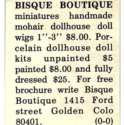 Bisque Boutique Dolls, Miniatures Golden Colorado 1984 Ad AF9-S1
