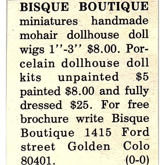 Bisque Boutique Dolls, Miniatures Golden Colorado 1984 Ad AF9-S1