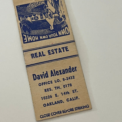 David Alexander Real Estate Oakland CA Vintage Matchbook Cover TB6-MB2-4