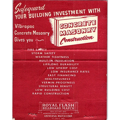 Fehr Concrete Products Inc Eau Claire Rice Lake WI Large Matchbook Cover TH2-Y1