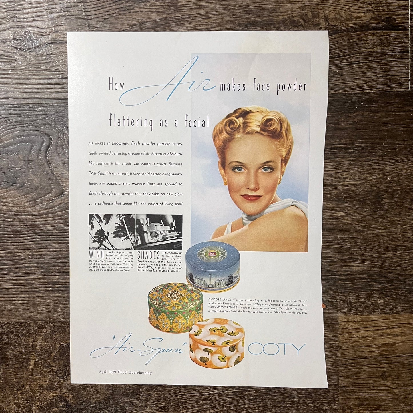 1939 Air-Spun COTY Air Face Powder Vintage Magazine Ad 10x13 V9