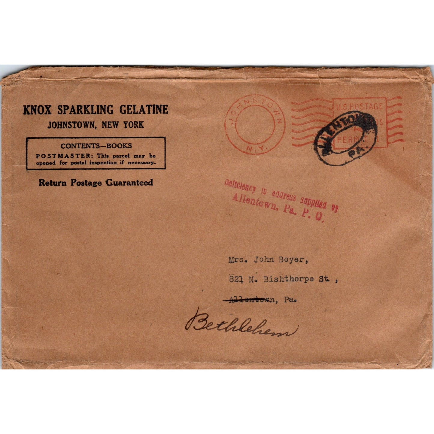 Knox Sparkling Gelatine to John Boyer Bethlehem PA Postal Cover Envelope TG7-PC3