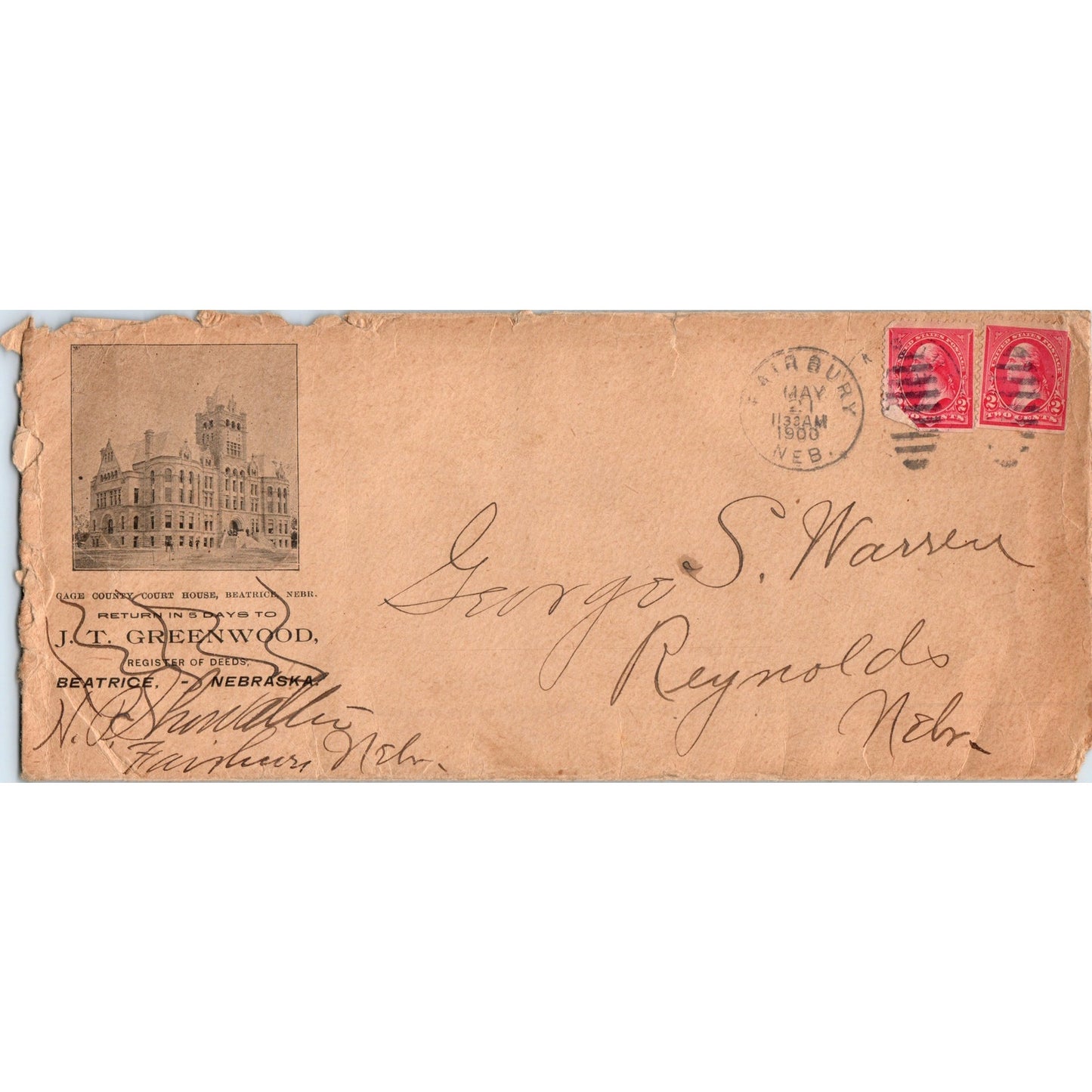 1900 J.T. Greenwood Gage County Courthouse Beatrice Nebraska Envelope AD8-R8