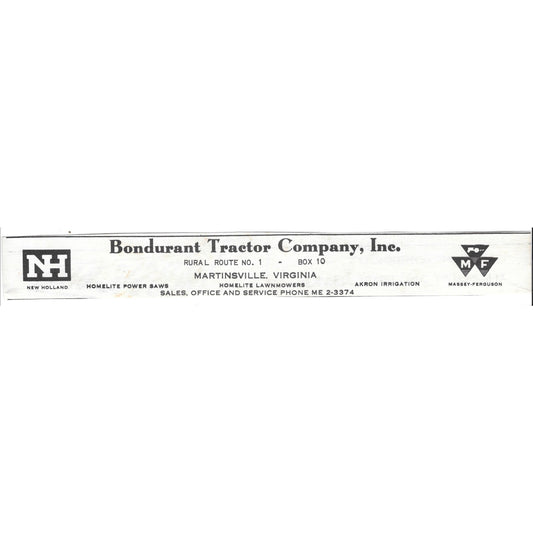 Bondurant Tractor Company Inc New Holland Martinsville VA 1960s Ad AG2-5