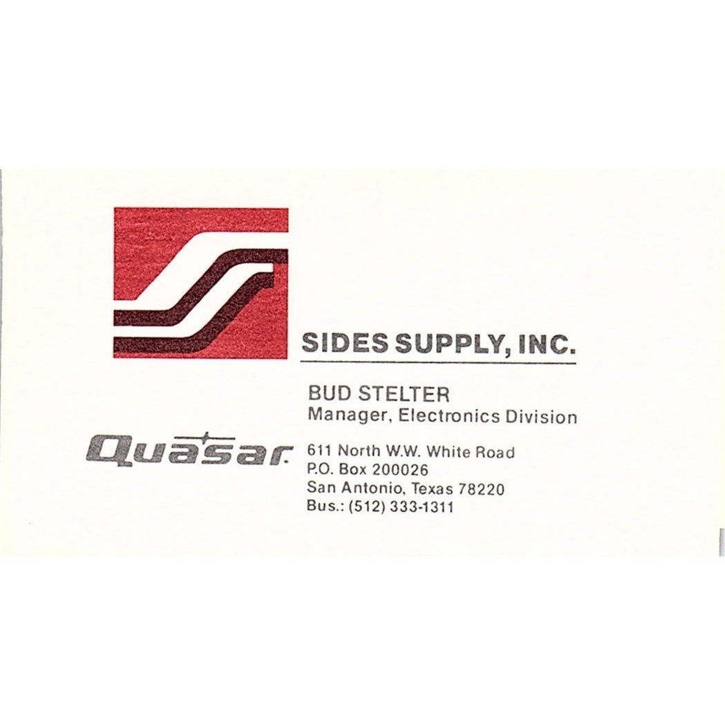 Bud Stelter Quasar Sides Supply Inc San Antonio TX Vintage Business Card SC9-B7