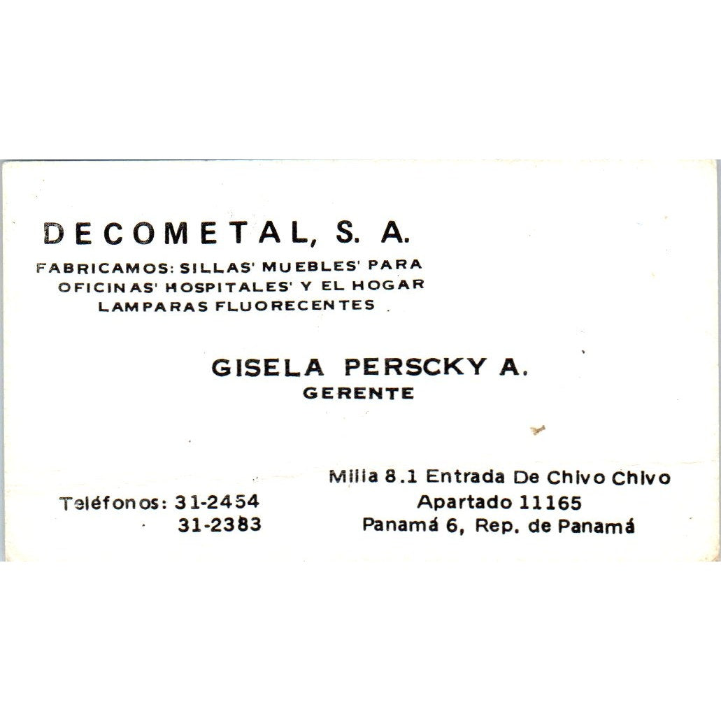 Decometal S.A. Gisela Perscky A. Panama Vintage Business Card SD8-B16