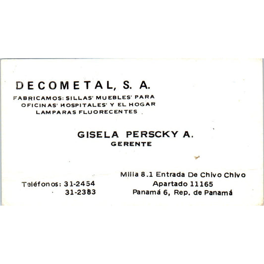 Decometal S.A. Gisela Perscky A. Panama Vintage Business Card SD8-B16
