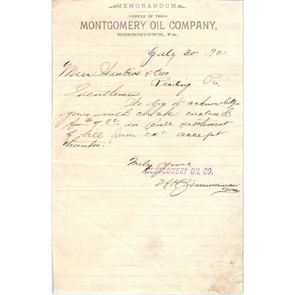 1892 Montgomery Oil Company Norristown PA Original Billhead Receipt AE7