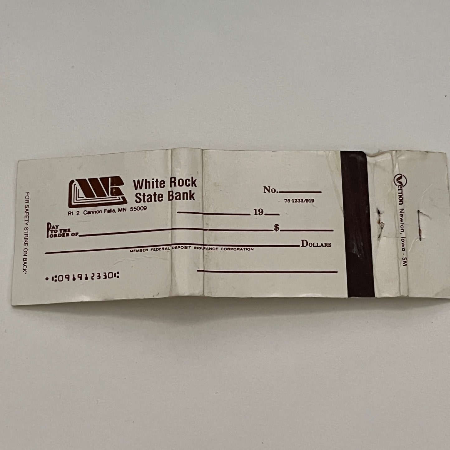 White Rock State Bank Cannon Falls MN Vintage Matchbook MB59-1