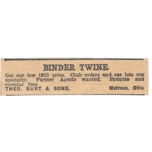 Theo. Burt & Sons Binder Twine Melrose Ohio 1922 Magazine Ad AF2-T3