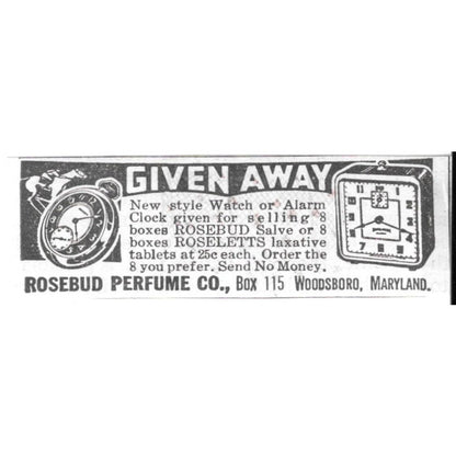 Rosebud Perfume Co. New Style Watch or Alarm Clock Woodsboro MD 1936 Ad SAG4-S12