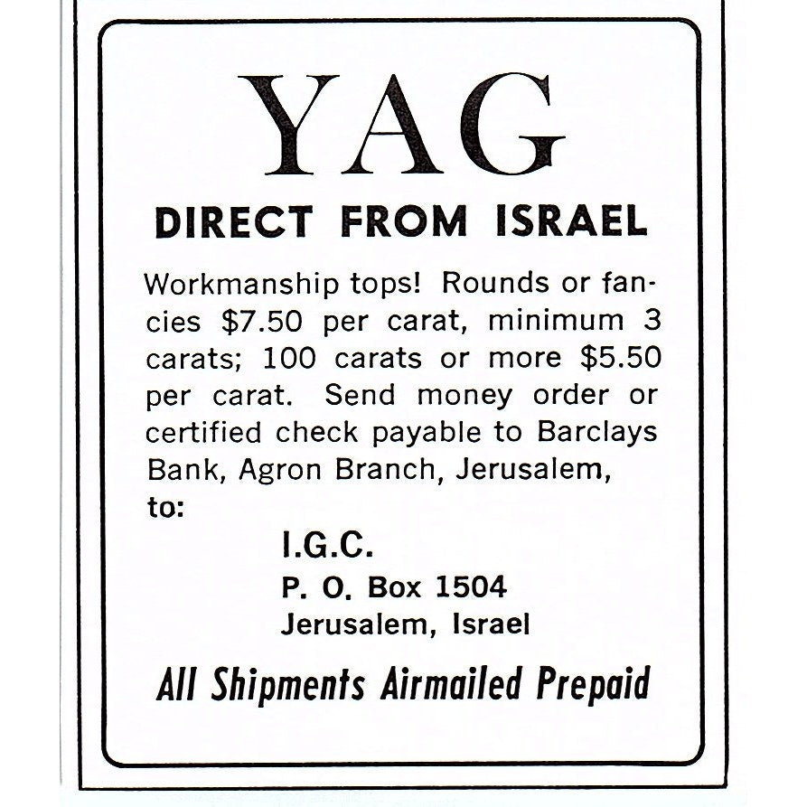 YAG Workmanship Tops Direct From Israel 1972 Ad AF8-M1