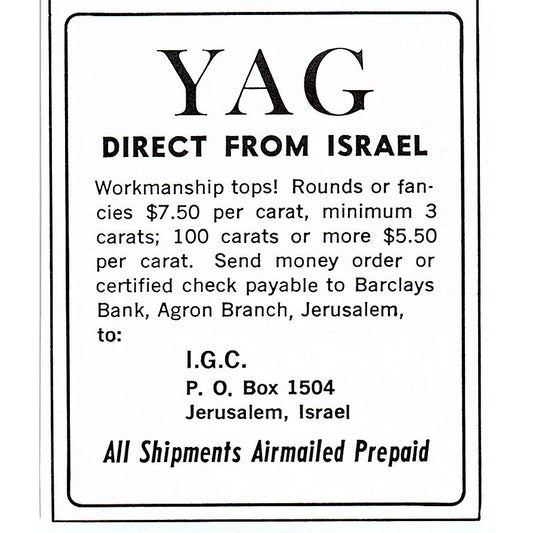 YAG Workmanship Tops Direct From Israel 1972 Ad AF8-M1