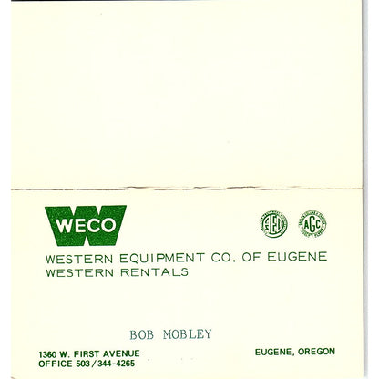 Western Equipment Co Bob Mobley Eugene Oregon Vintage Business Card SB4-B5