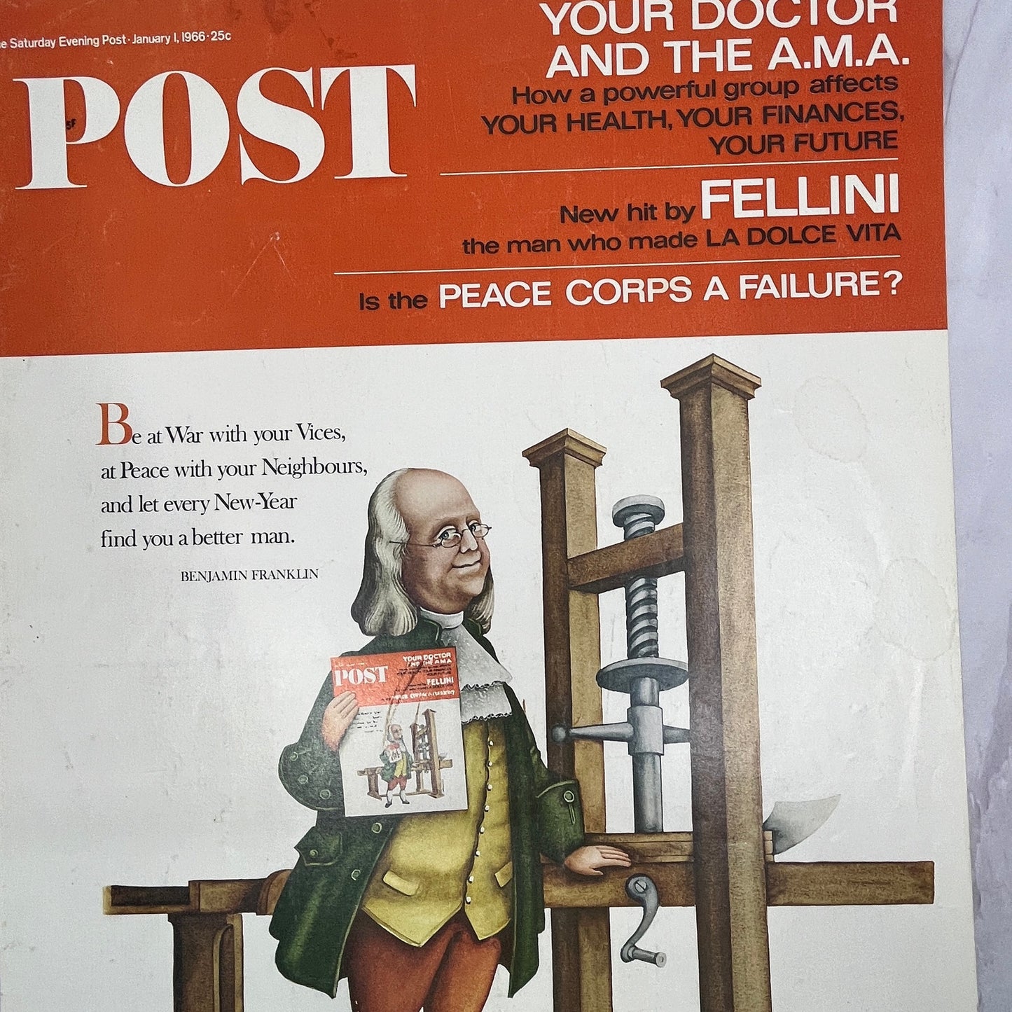1966 Jan 1 Saturday Evening Post Benjamin Franklin Cover ONLY Vintage 10x13 V17