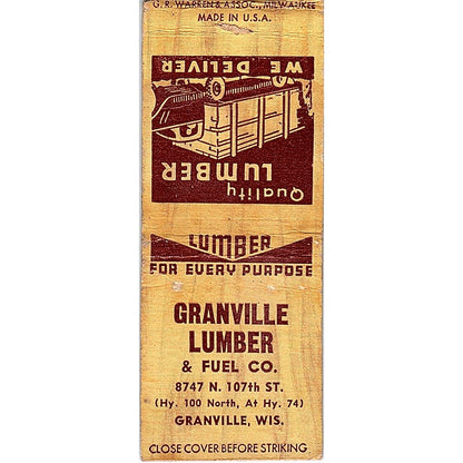 Granville Lumber & Fuel Co Granville WI Vintage Matchbook Cover SE5-Y1