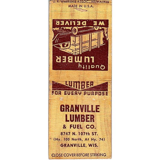 Granville Lumber & Fuel Co Granville WI Vintage Matchbook Cover SE5-Y1