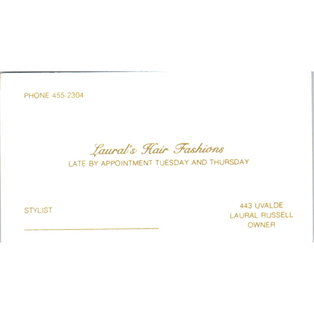 Laural's Hair Fashions Laural Russell Houston Vintage Business Card SD8-B12