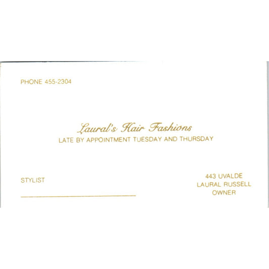 Laural's Hair Fashions Laural Russell Houston Vintage Business Card SD8-B12