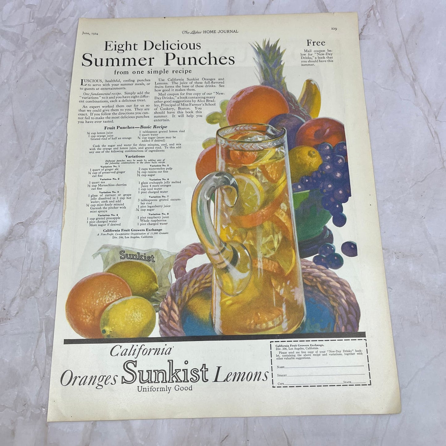 California Sunkist Oranges Lemons Summer Punch Recipe 1924 Magazine Ad FL6-11