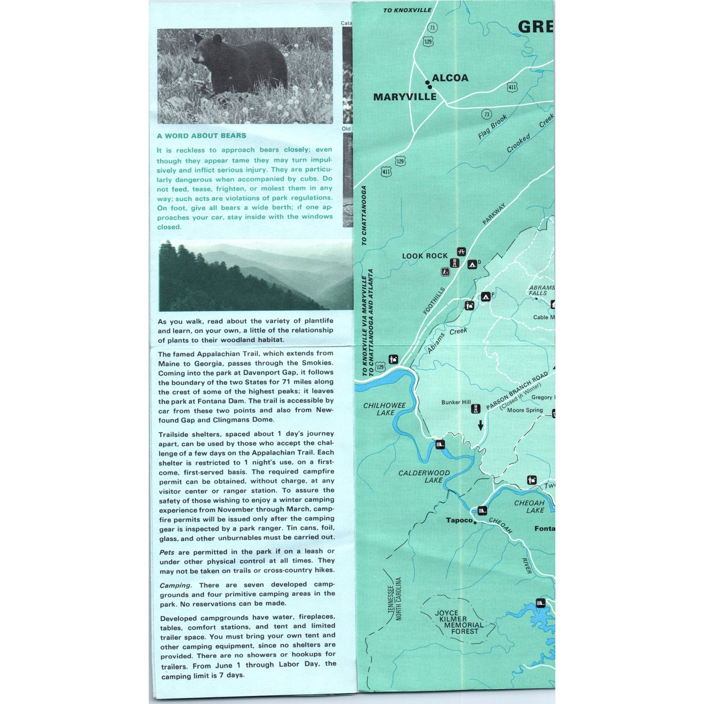 Vintage 1971 Great Smoky Mountains Park NC TN Fold Out Map & Brochure TF4-B3