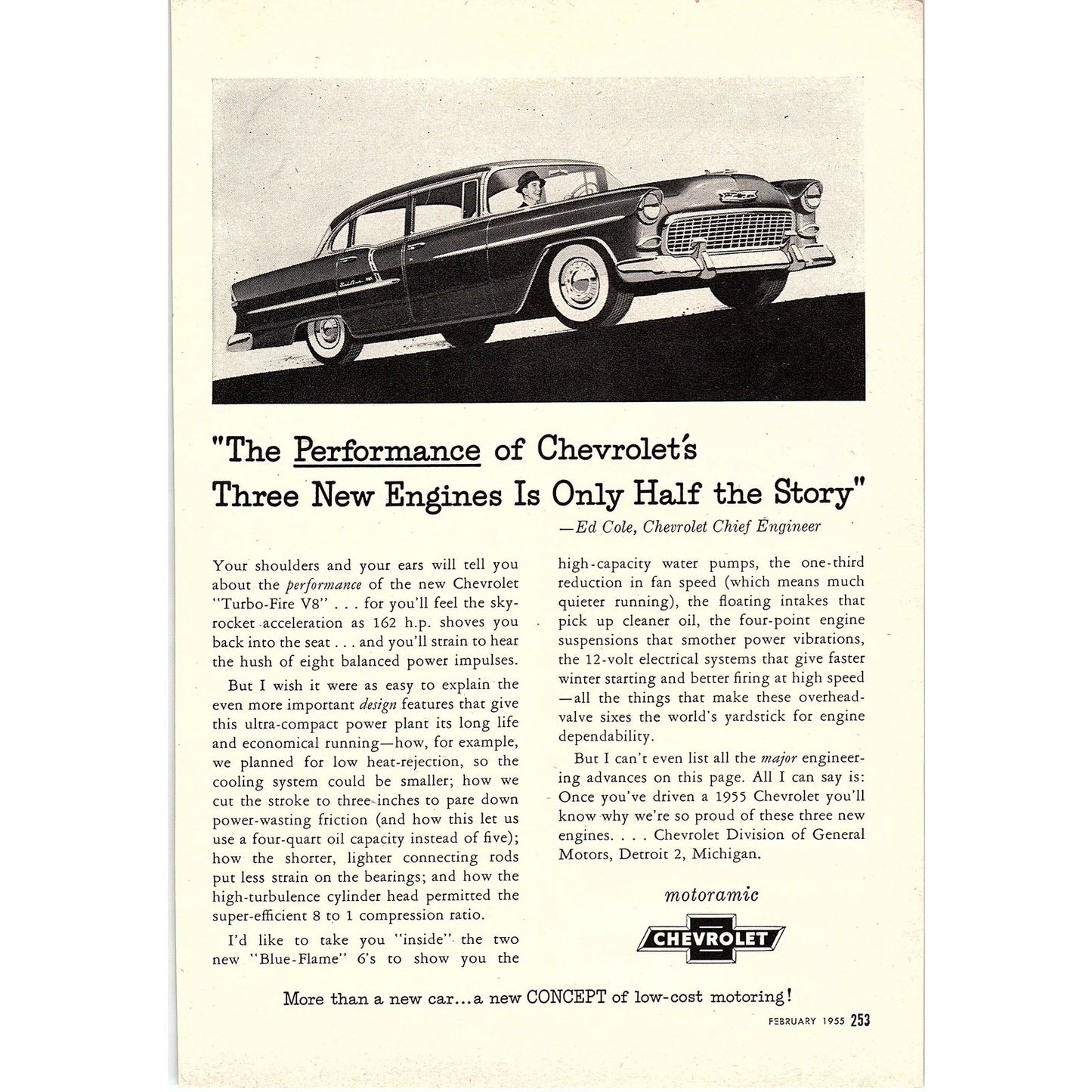 Chevrolet Blue-Flame 6's, Turbo-Fire V8 Ed Cole 1955 Ad AG1-6